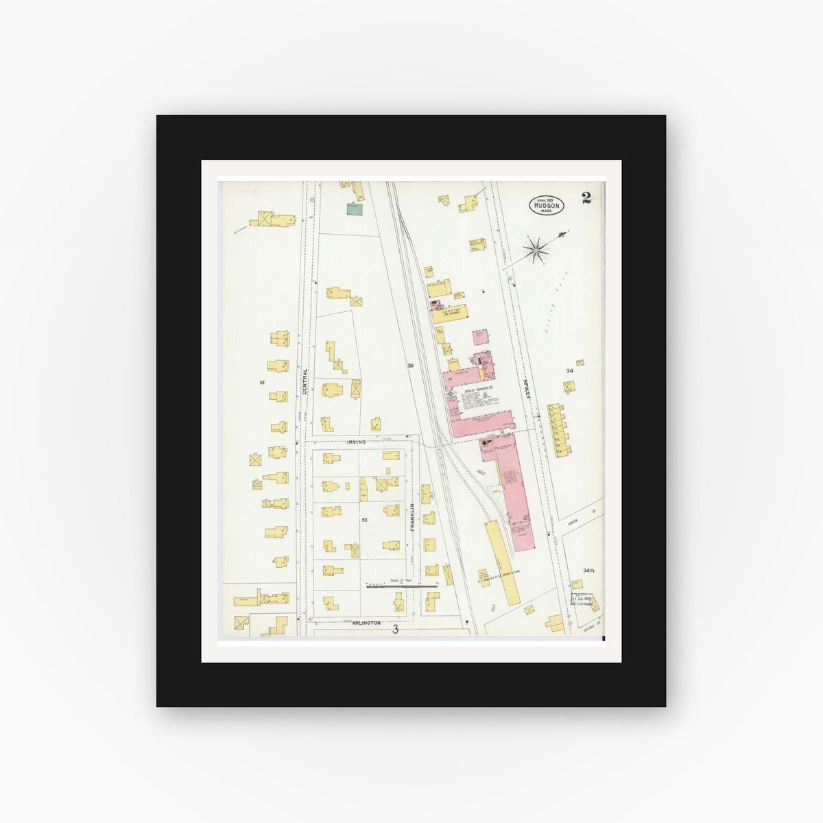 Old map wall art mockup — black gallery frame with white mat — Sanborn Fire Insurance Map from Hudson, Middlesex County, Massachusetts (1903), Sheet #0002