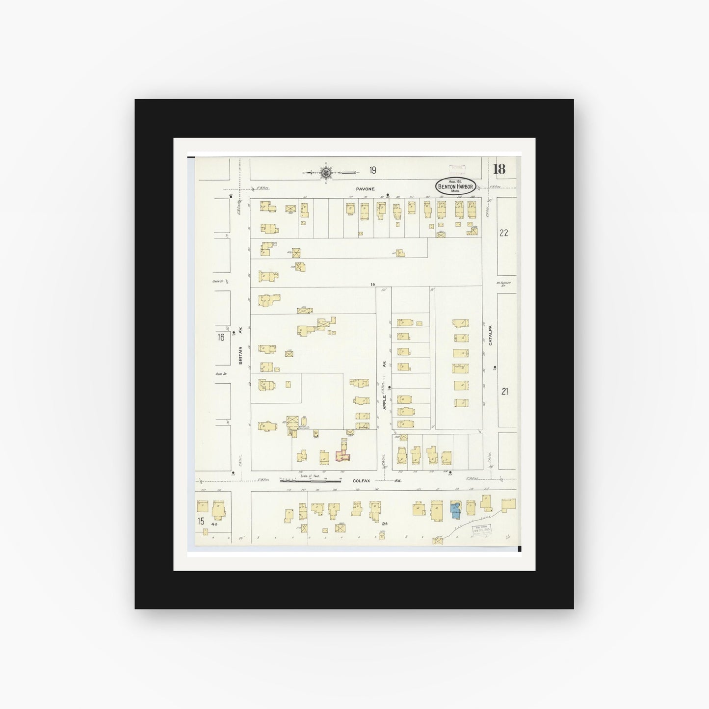 Old map wall art mockup — black gallery frame with white mat — Sanborn Fire Insurance Map from Benton Harbor, Berrien County, Michigan (1911), Sheet #0018