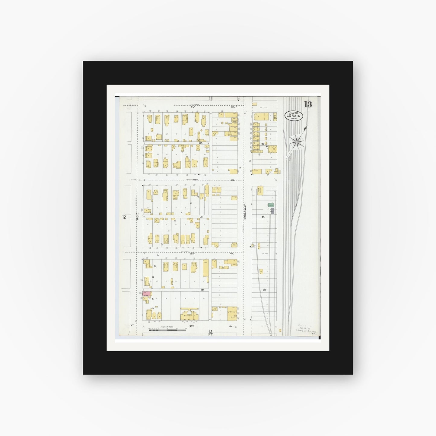 Old map wall art mockup — black gallery frame with white mat — Sanborn Fire Insurance Map from Lorain, Lorain County, Ohio (1905), Sheet #0013
