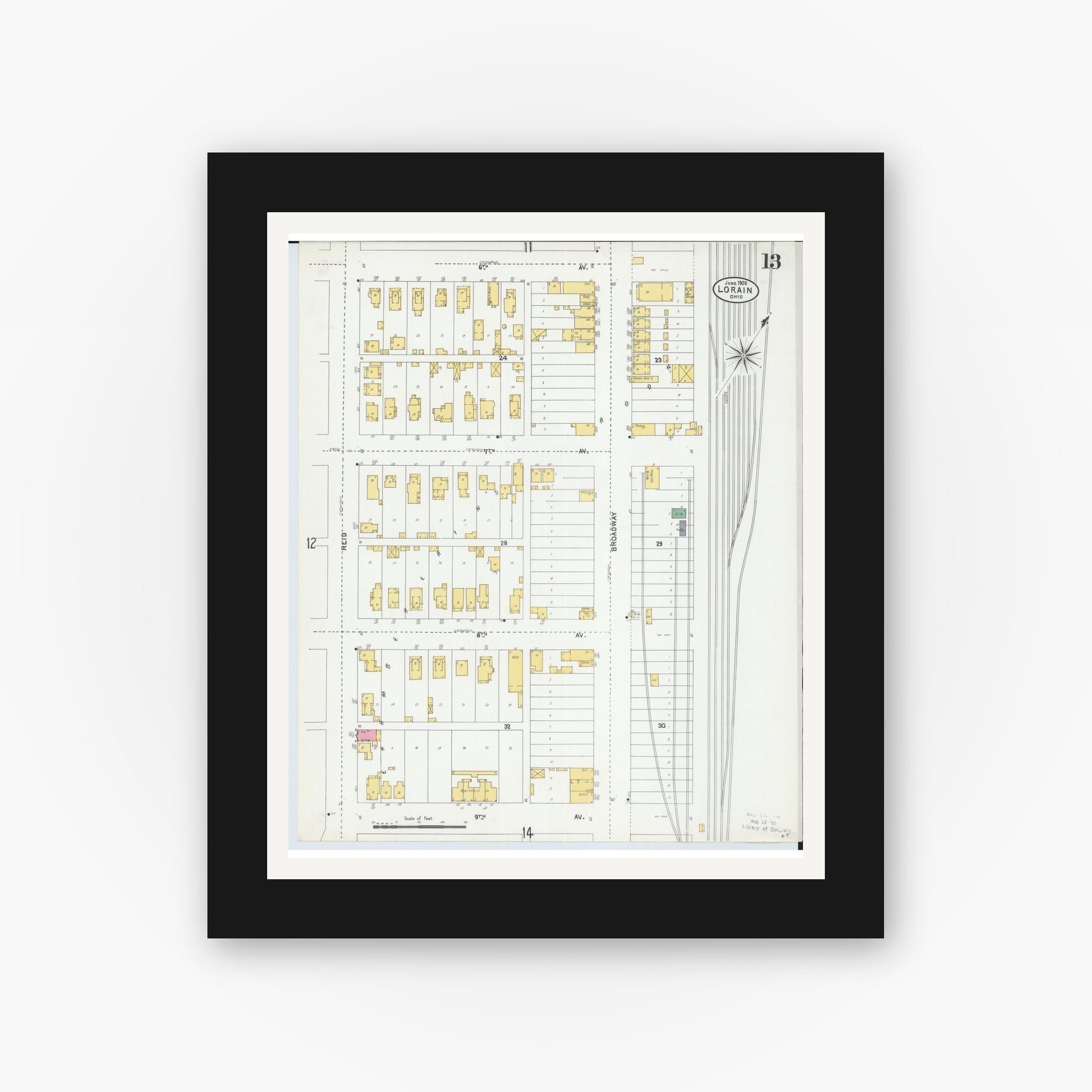 Old map wall art mockup — black gallery frame with white mat — Sanborn Fire Insurance Map from Lorain, Lorain County, Ohio (1905), Sheet #0013