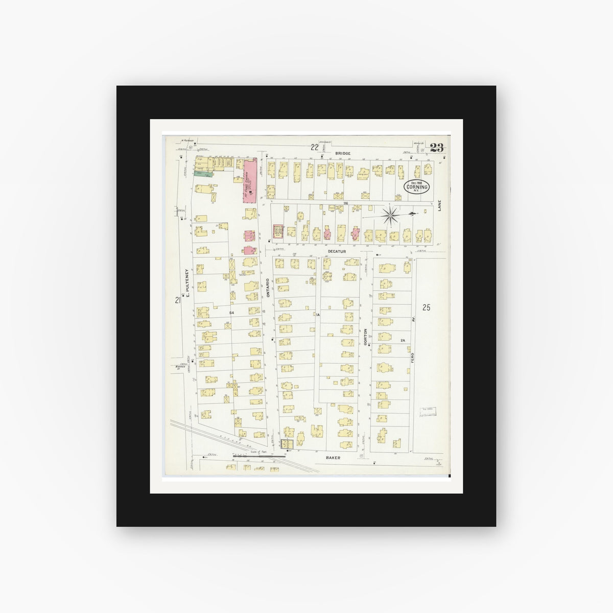 Old map wall art mockup — black gallery frame with white mat — Sanborn Fire Insurance Map from Corning, Steuben County, New York (1908), Sheet #0023