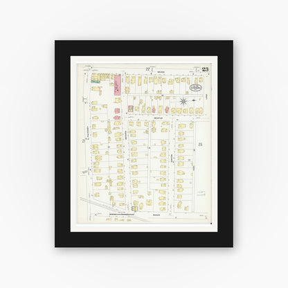 Old map wall art mockup — black gallery frame with white mat — Sanborn Fire Insurance Map from Corning, Steuben County, New York (1908), Sheet #0023