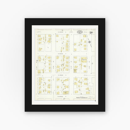 Old map wall art mockup — black gallery frame with white mat — Sanborn Fire Insurance Map from Temple, Bell County, Texas (1915), Sheet #0020