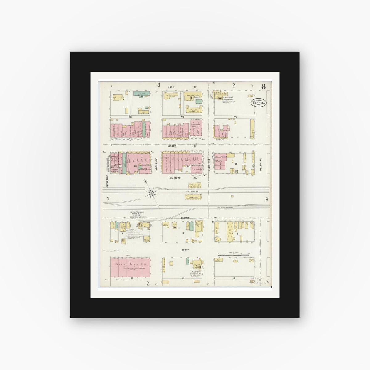 Old map wall art mockup — black gallery frame with white mat — Sanborn Fire Insurance Map from Terrell, Kaufman County, Texas (1897), Sheet #0008