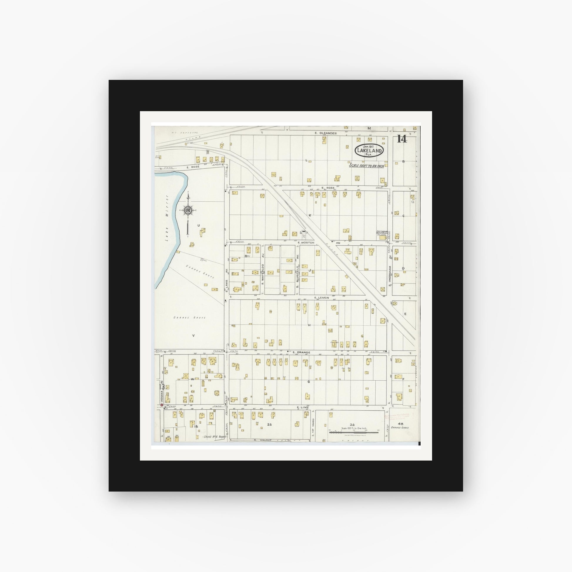 Old map wall art mockup — black gallery frame with white mat — Sanborn Fire Insurance Map from Lakeland, Polk County, Florida (1917), Sheet #0014