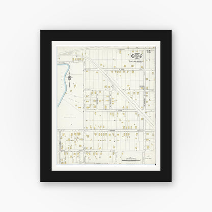 Old map wall art mockup — black gallery frame with white mat — Sanborn Fire Insurance Map from Lakeland, Polk County, Florida (1917), Sheet #0014