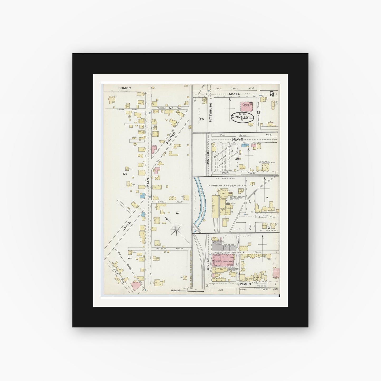 Old map wall art mockup — black gallery frame with white mat — Sanborn Fire Insurance Map from Connellsville, Fayette County, Pennsylvania (1891), Sheet #0005