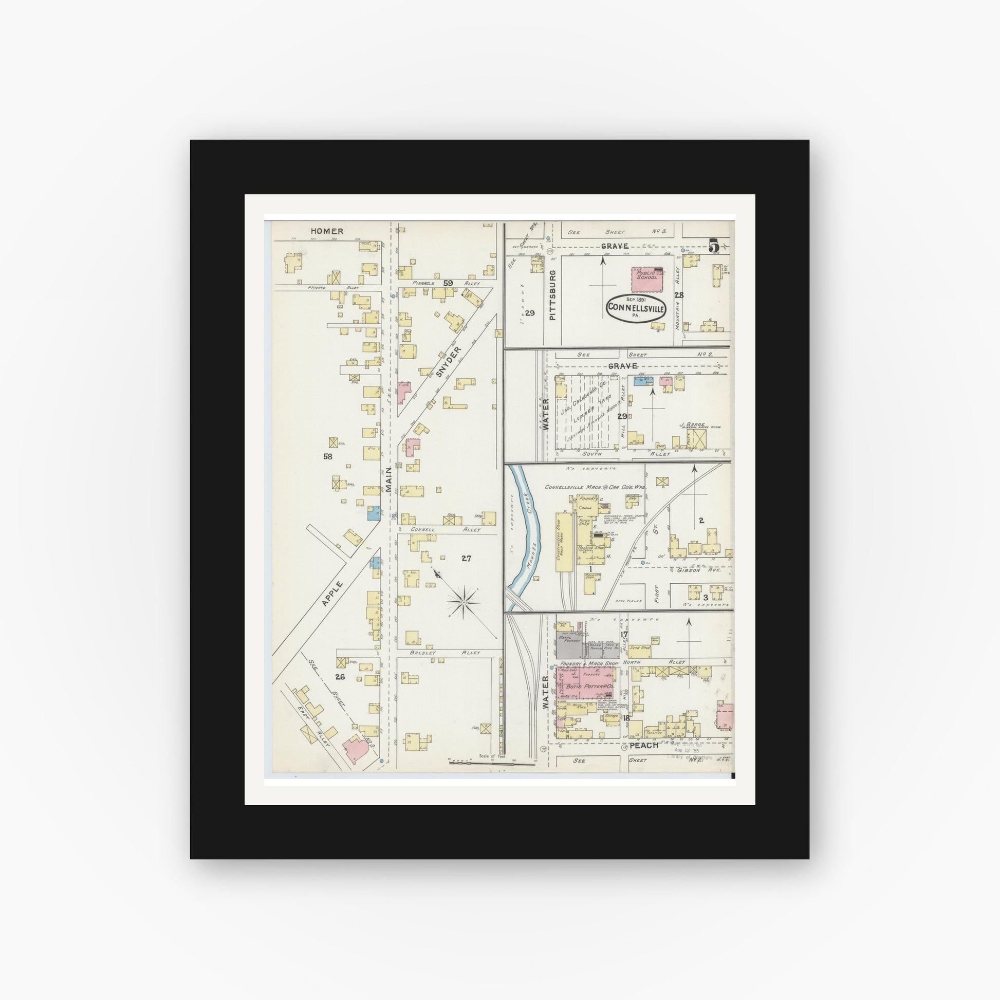 Old map wall art mockup — black gallery frame with white mat — Sanborn Fire Insurance Map from Connellsville, Fayette County, Pennsylvania (1891), Sheet #0005