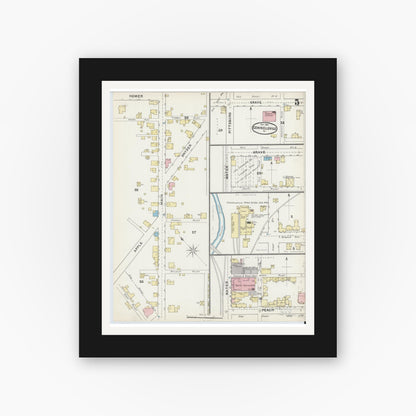 Old map wall art mockup — black gallery frame with white mat — Sanborn Fire Insurance Map from Connellsville, Fayette County, Pennsylvania (1891), Sheet #0005