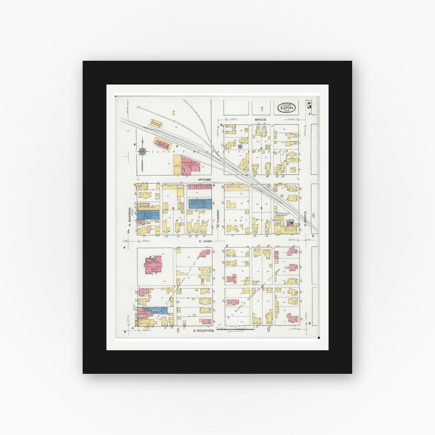 Old map wall art mockup — black gallery frame with white mat — Sanborn Fire Insurance Map from Eaton, Preble County, Ohio (1921), Sheet #0005