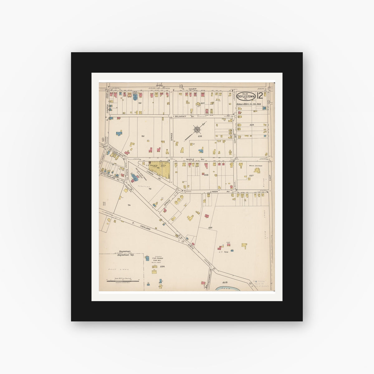 Old map wall art mockup — black gallery frame with white mat — Sanborn Fire Insurance Map from Doylestown, Bucks County, Pennsylvania (1922), Sheet #0012