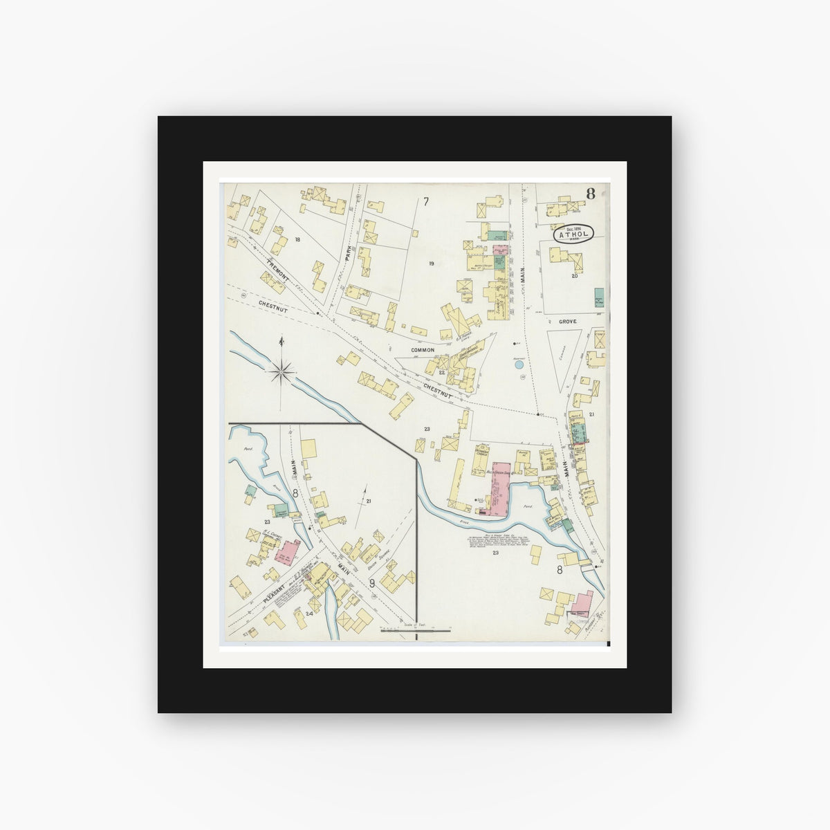 Old map wall art mockup — black gallery frame with white mat — Sanborn Fire Insurance Map from Athol, Worcester County, Massachusetts (1896), Sheet #0008