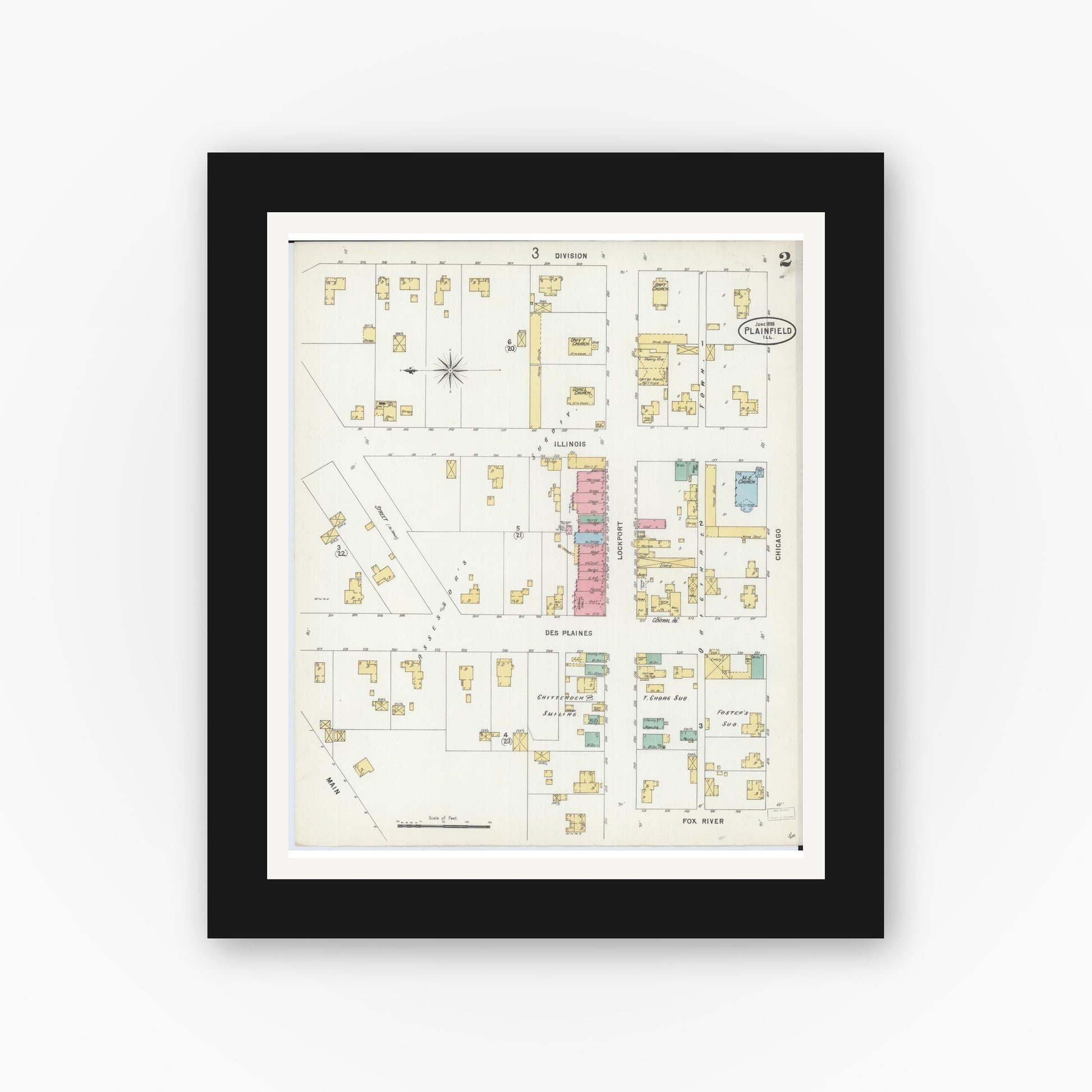 Old map wall art mockup — black gallery frame with white mat — Sanborn Fire Insurance Map from Plainfield, Will County, Illinois (1898), Sheet #0002