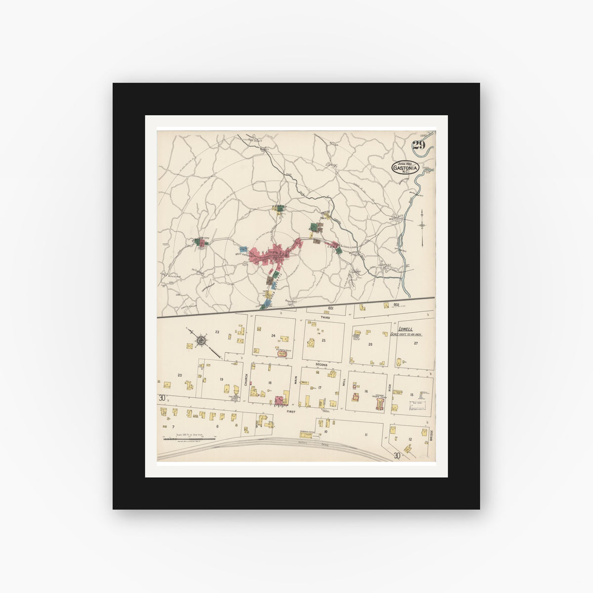 Old map wall art mockup — black gallery frame with white mat — Sanborn Fire Insurance Map from Gastonia, Gaston County, North Carolina (1922), Sheet #0029