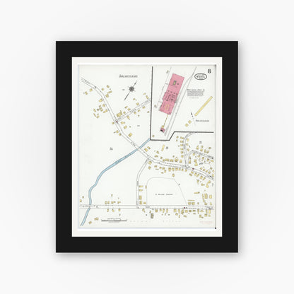 Old map wall art mockup — black gallery frame with white mat — Sanborn Fire Insurance Map from Ware, Hampshire County, Massachusetts (1919), Sheet #0008