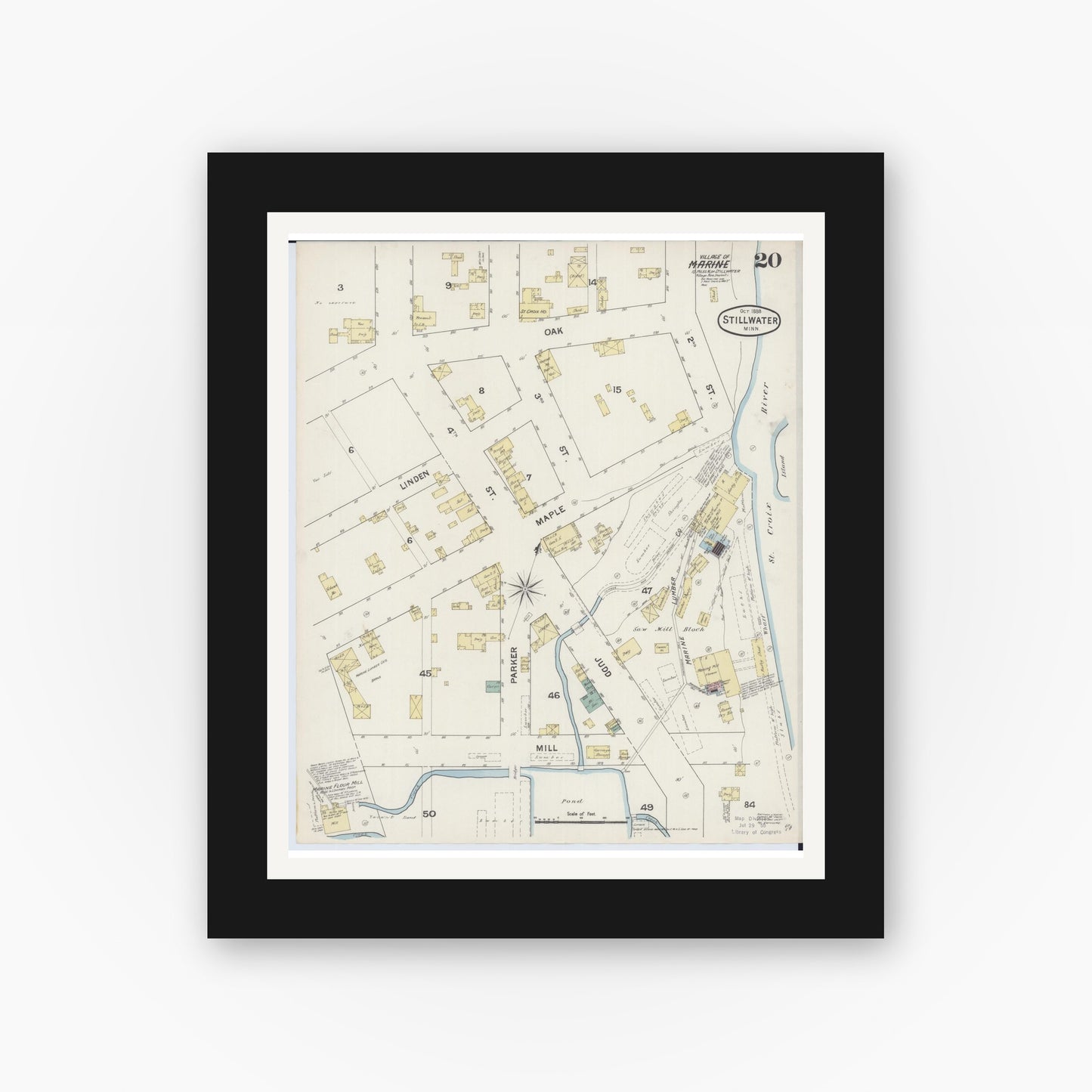 Old map wall art mockup — black gallery frame with white mat — Sanborn Fire Insurance Map from Stillwater, Washington County, Minnesota (1888), Sheet #0020