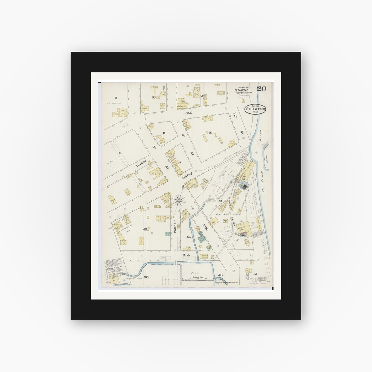 Old map wall art mockup — black gallery frame with white mat — Sanborn Fire Insurance Map from Stillwater, Washington County, Minnesota (1888), Sheet #0020