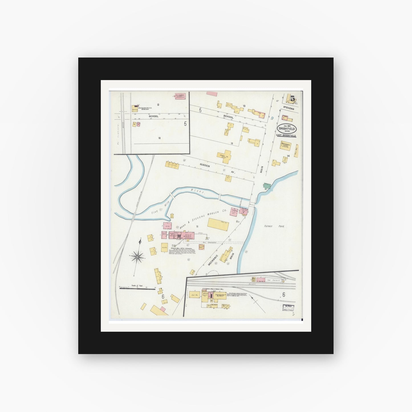 Old map wall art mockup — black gallery frame with white mat — Sanborn Fire Insurance Map from Brookfield, Worcester County, Massachusetts (1904), Sheet #0005