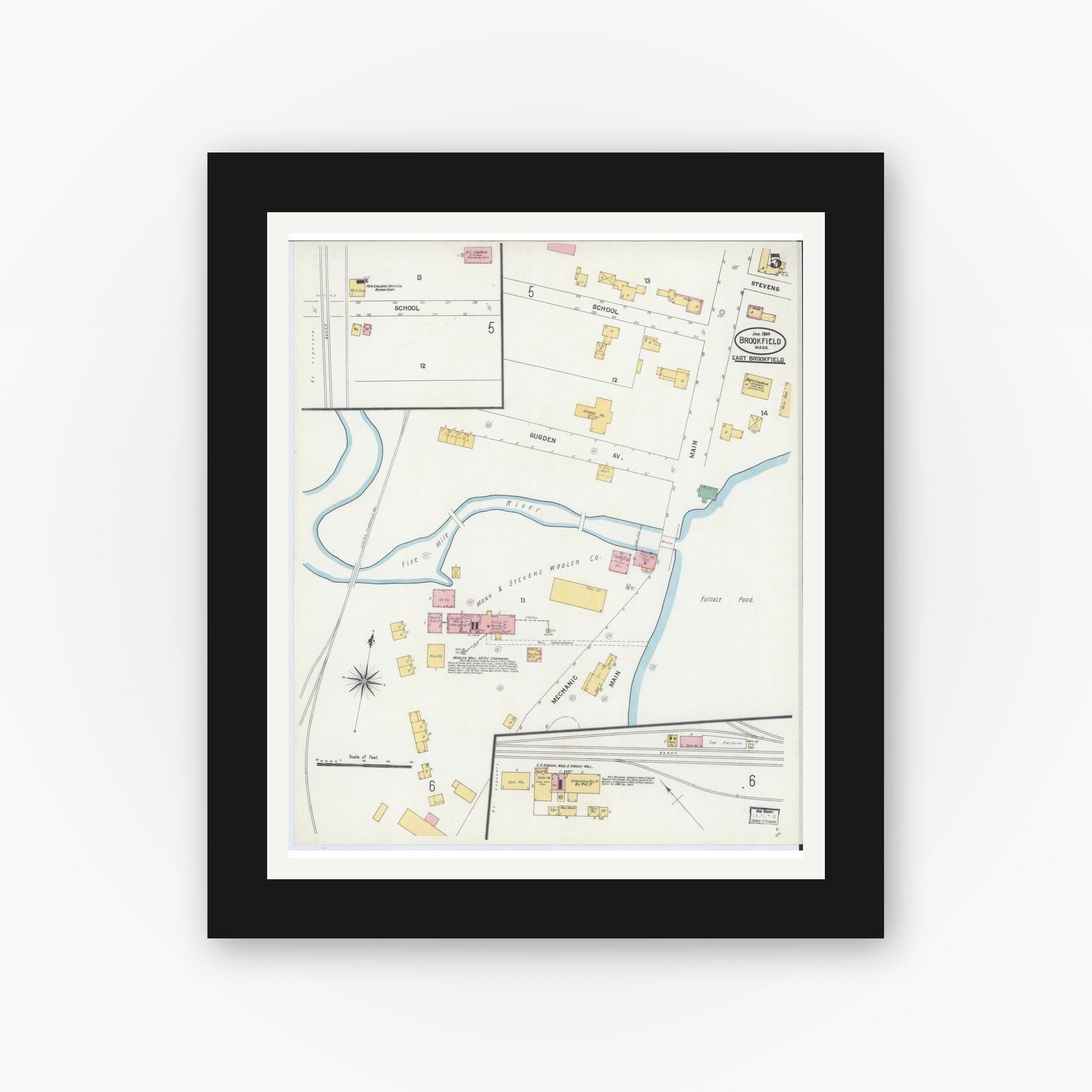 Old map wall art mockup — black gallery frame with white mat — Sanborn Fire Insurance Map from Brookfield, Worcester County, Massachusetts (1904), Sheet #0005
