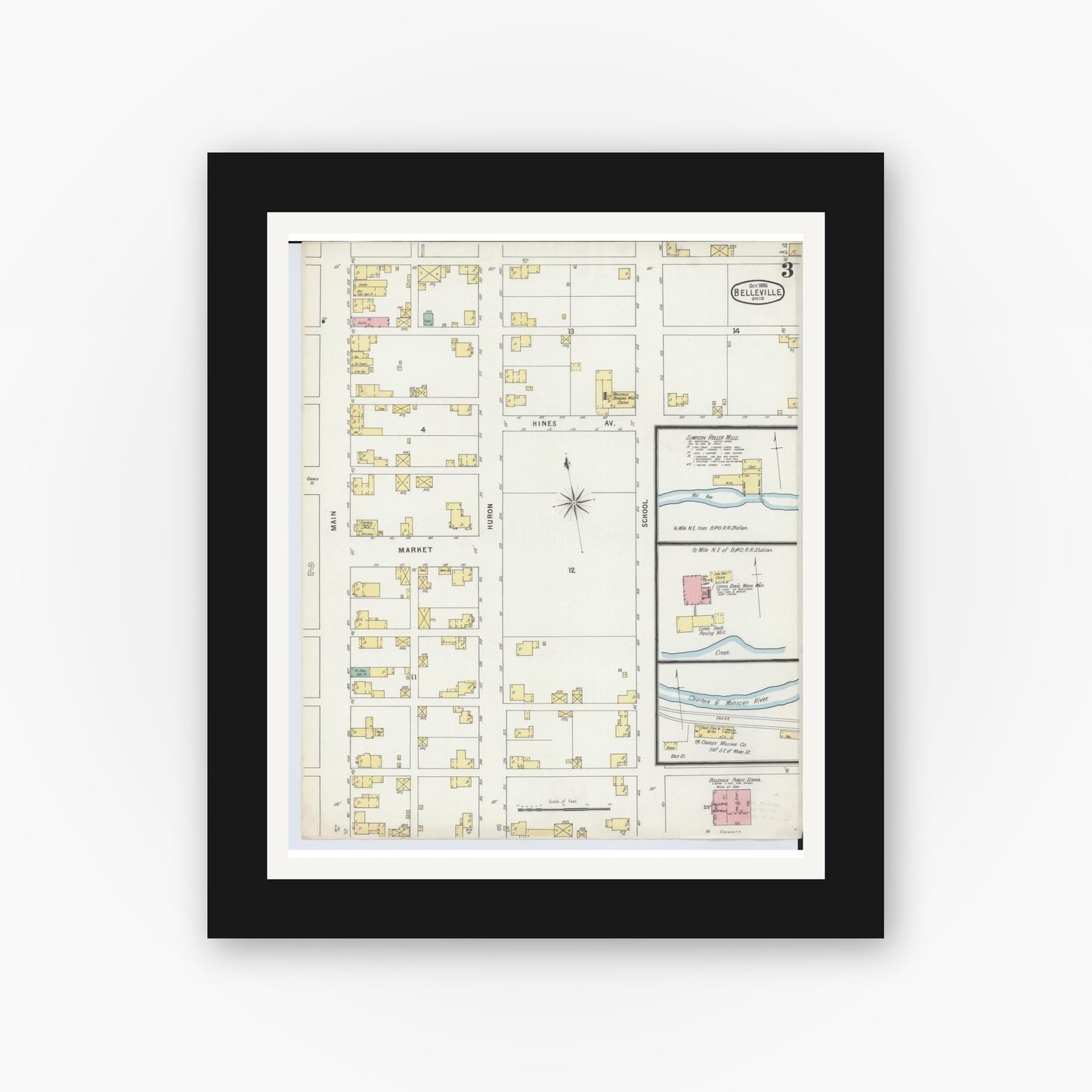 Old map wall art mockup — black gallery frame with white mat — Sanborn Fire Insurance Map from Bellville, Richland County, Ohio (1895), Sheet #0003