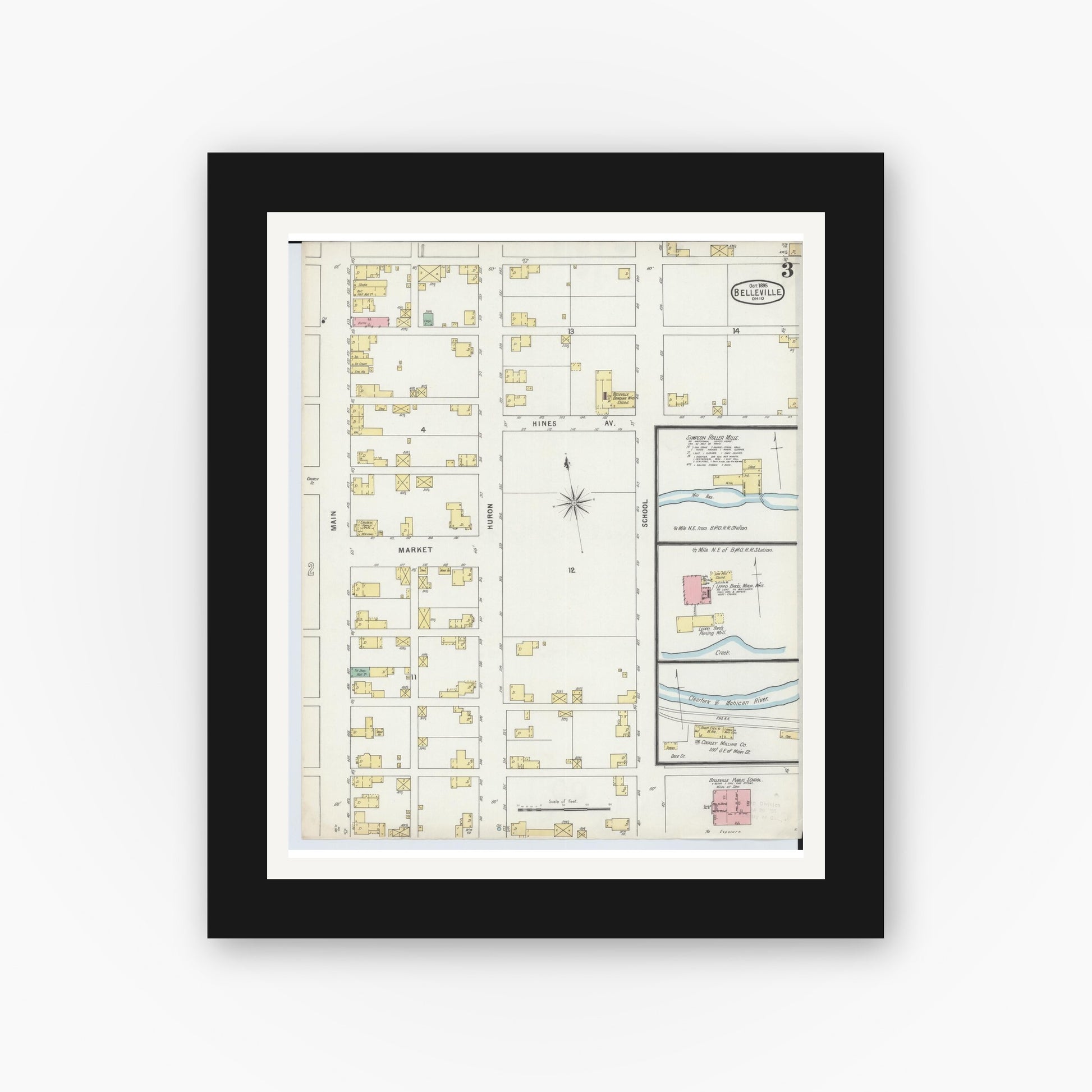 Old map wall art mockup — black gallery frame with white mat — Sanborn Fire Insurance Map from Bellville, Richland County, Ohio (1895), Sheet #0003