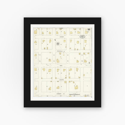 Old map wall art mockup — black gallery frame with white mat — Sanborn Fire Insurance Map from Terrell, Kaufman County, Texas (1909), Sheet #0016