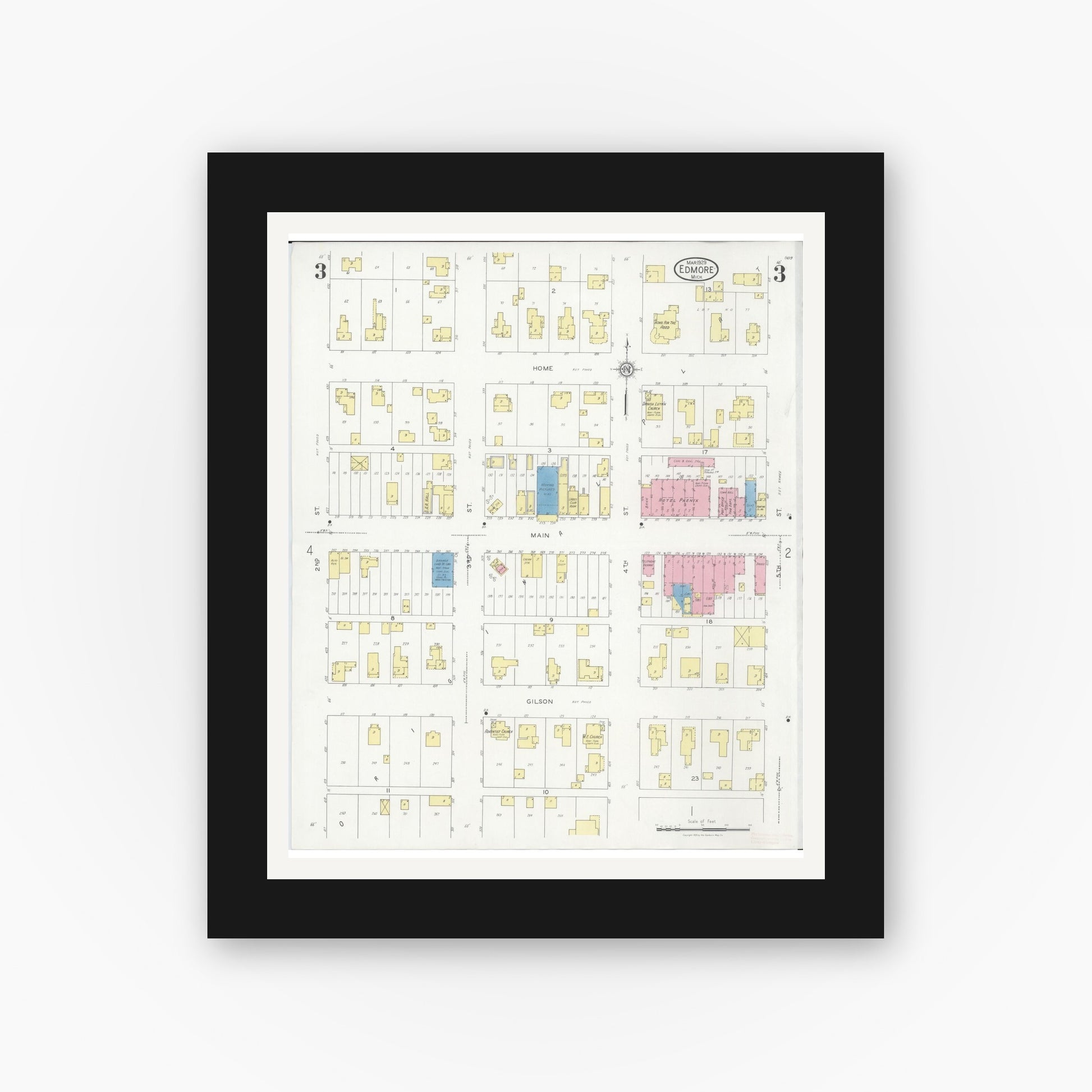 Old map wall art mockup — black gallery frame with white mat — Sanborn Fire Insurance Map from Edmore, Montcalm County, Michigan (1929), Sheet #0003