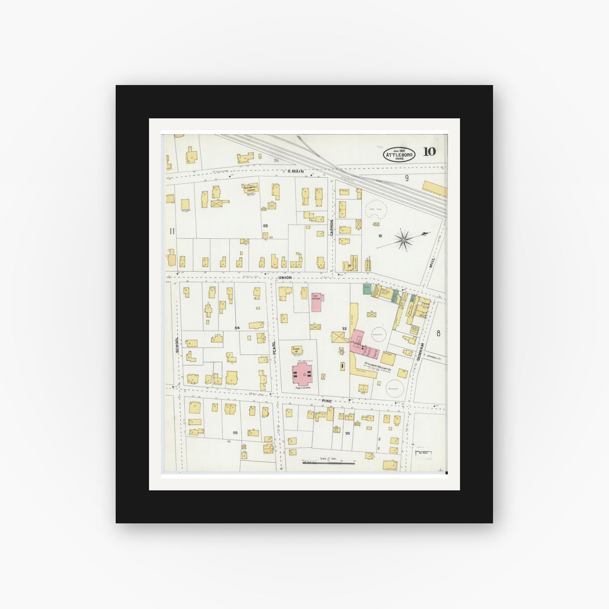 Old map wall art mockup — black gallery frame with white mat — Sanborn Fire Insurance Map from Attleboro, Bristol County, Massachusetts (1905), Sheet #0010