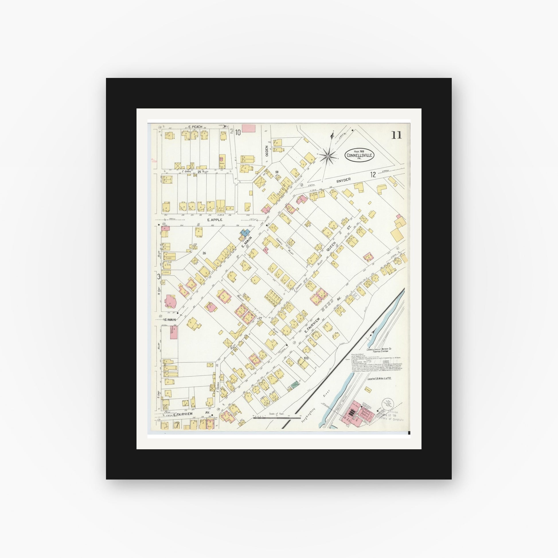 Old map wall art mockup — black gallery frame with white mat — Sanborn Fire Insurance Map from Connellsville, Fayette County, Pennsylvania (1908), Sheet #0011