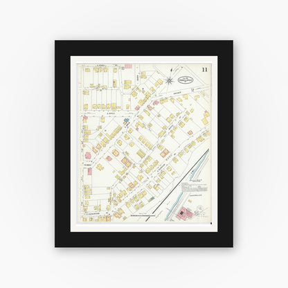 Old map wall art mockup — black gallery frame with white mat — Sanborn Fire Insurance Map from Connellsville, Fayette County, Pennsylvania (1908), Sheet #0011