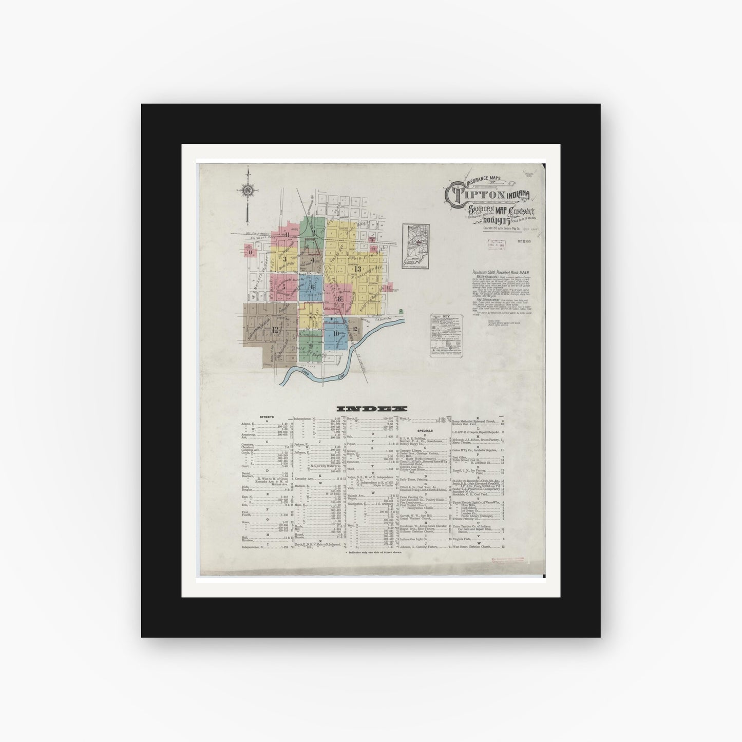 Old map wall art mockup — black gallery frame with white mat — Sanborn Fire Insurance Map from Tipton, Tipton County, Indiana (1915), Sheet #0001