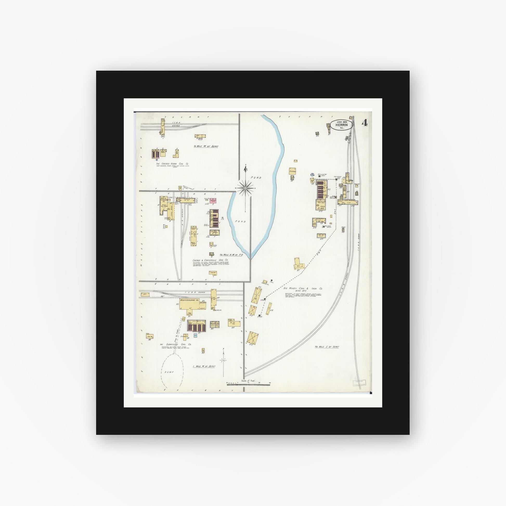Old map wall art mockup — black gallery frame with white mat — Sanborn Fire Insurance Map from Herrin, Williamson County, Illinois (1905), Sheet #0004
