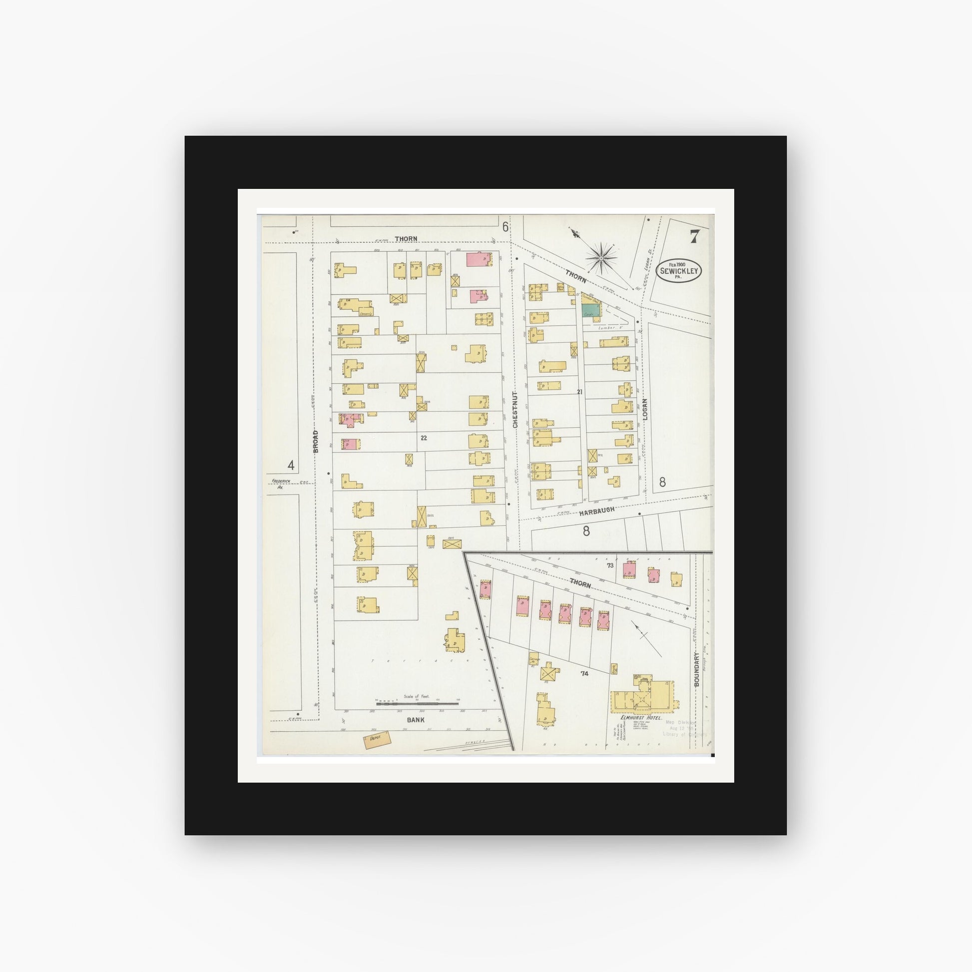 Old map wall art mockup — black gallery frame with white mat — Sanborn Fire Insurance Map from Sewickley, Allegheny County, Pennsylvania (1900), Sheet #0007
