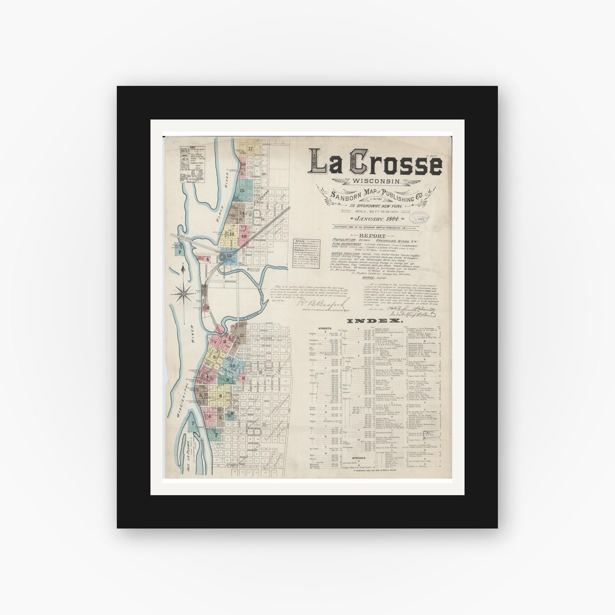 Old map wall art mockup — black gallery frame with white mat — Sanborn Fire Insurance Map from La Crosse, La Crosse County, Wisconsin (1884), Sheet #0001