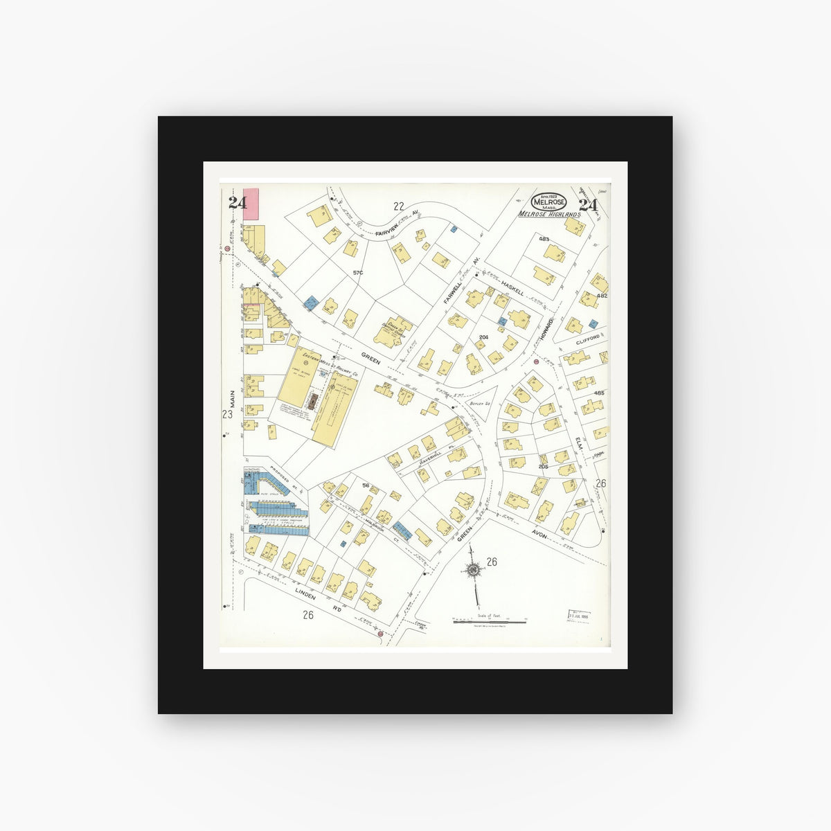 Old map wall art mockup — black gallery frame with white mat — Sanborn Fire Insurance Map from Melrose, Middlesex County, Massachusetts (1923), Sheet #0024