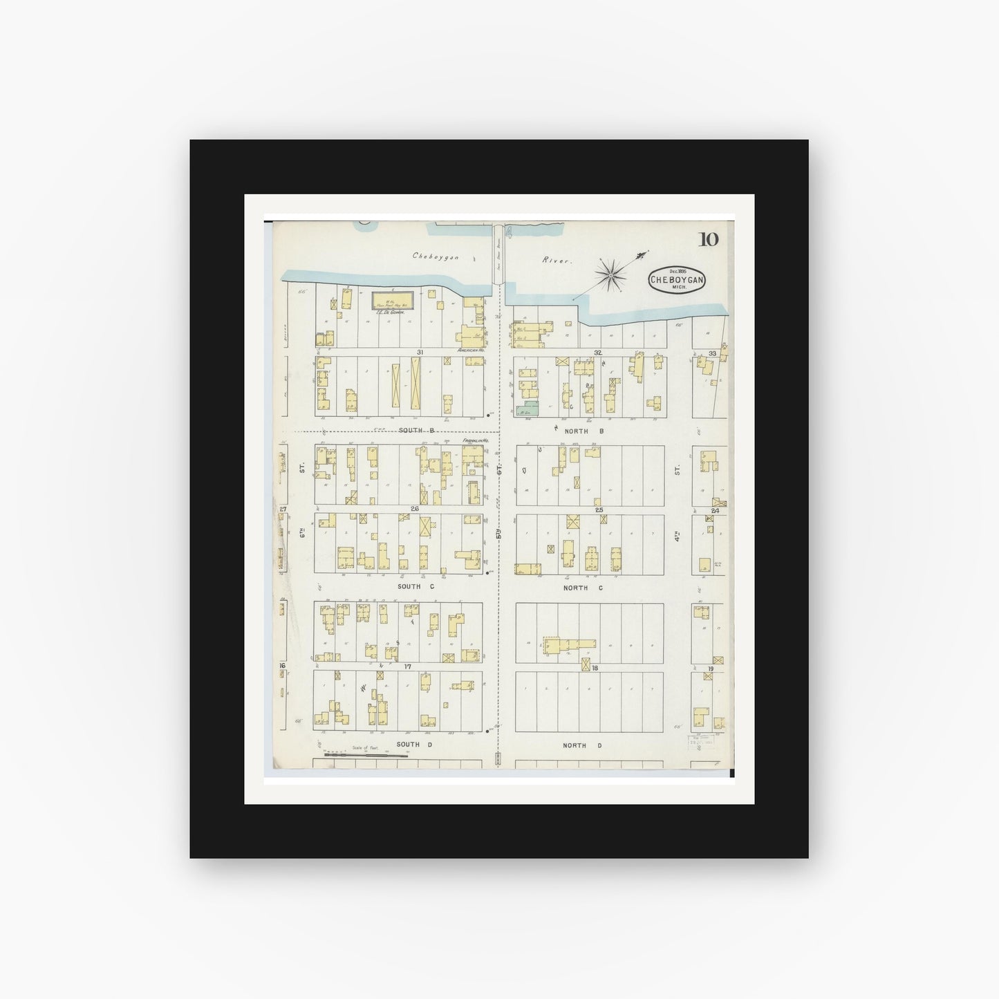 Old map wall art mockup — black gallery frame with white mat — Sanborn Fire Insurance Map from Cheboygan, Cheboygan County, Michigan (1895), Sheet #0010