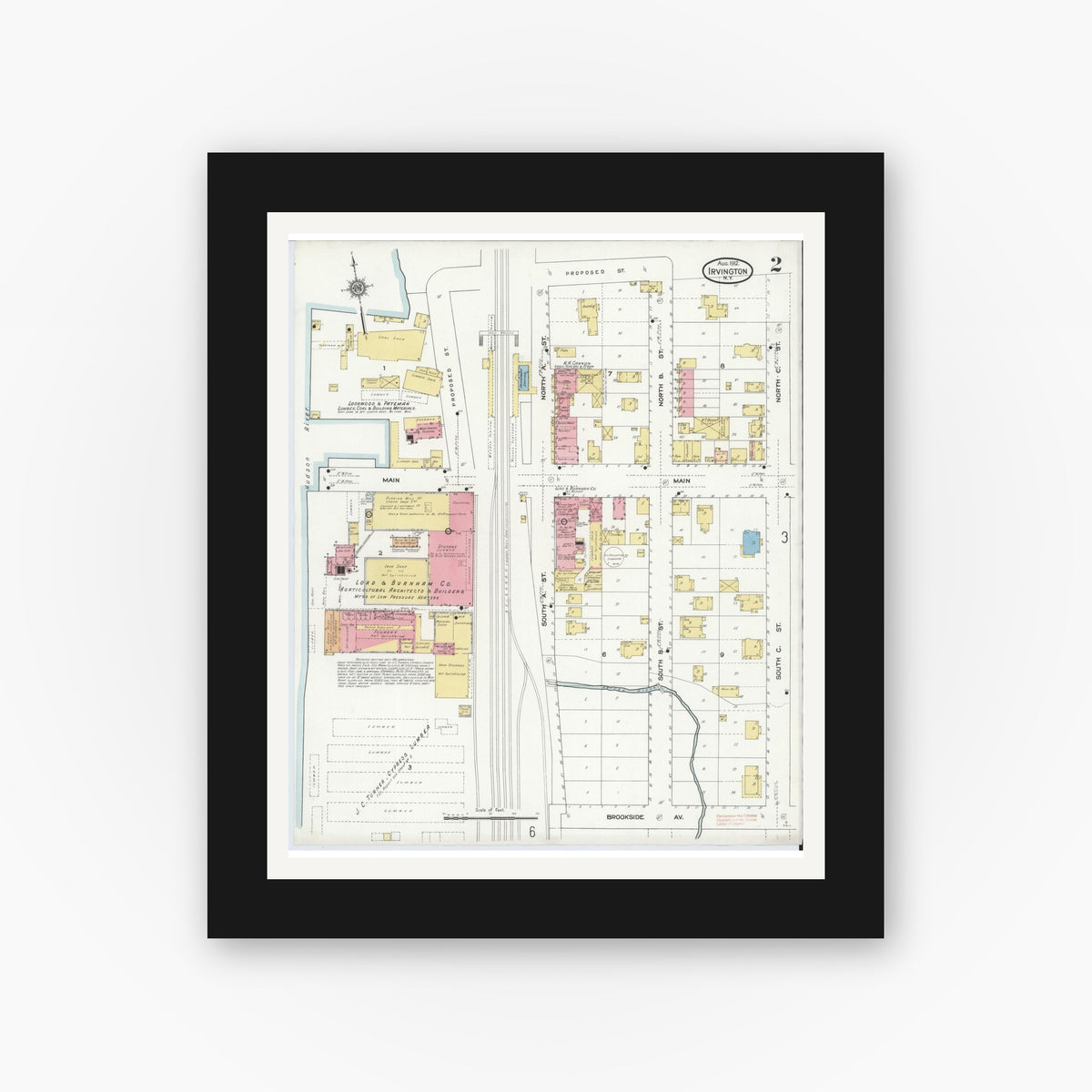 Old map wall art mockup — black gallery frame with white mat — Sanborn Fire Insurance Map from Irvington, Westchester County, New York (1912) - Complete Map Set