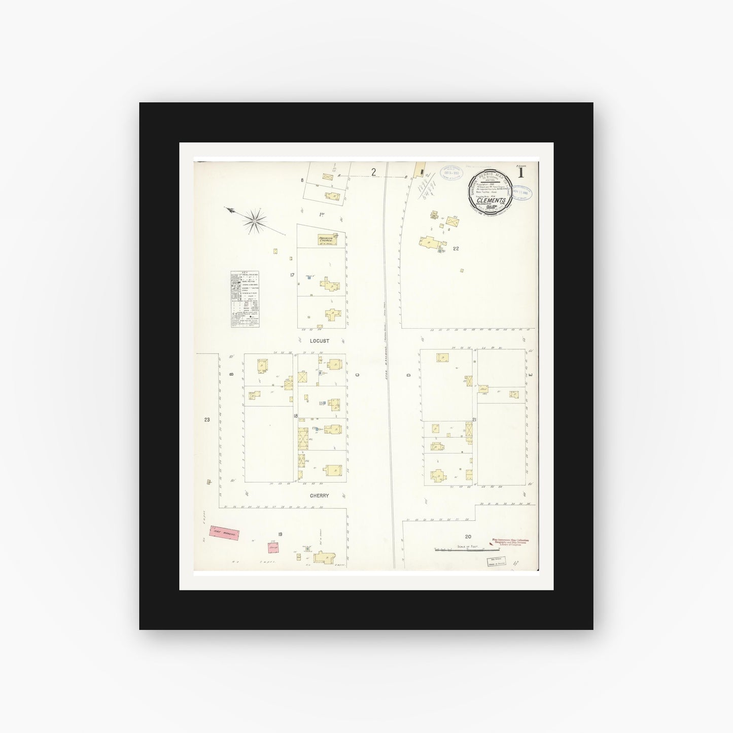 Old map wall art mockup — black gallery frame with white mat — Sanborn Fire Insurance Map from Clements, San Joaquin County, California (1898) - Complete Map Set