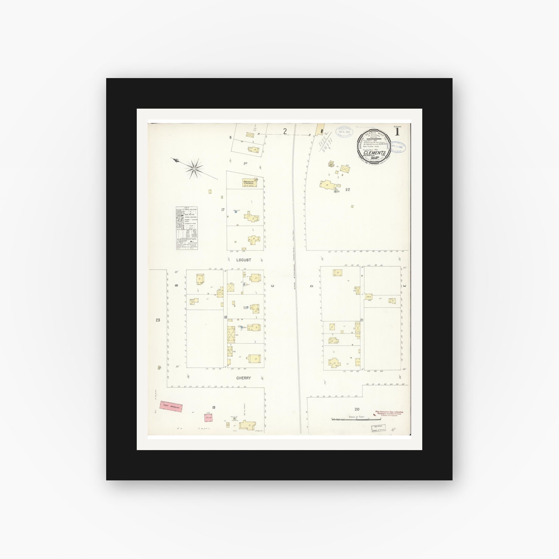 Old map wall art mockup — black gallery frame with white mat — Sanborn Fire Insurance Map from Clements, San Joaquin County, California (1898) - Complete Map Set