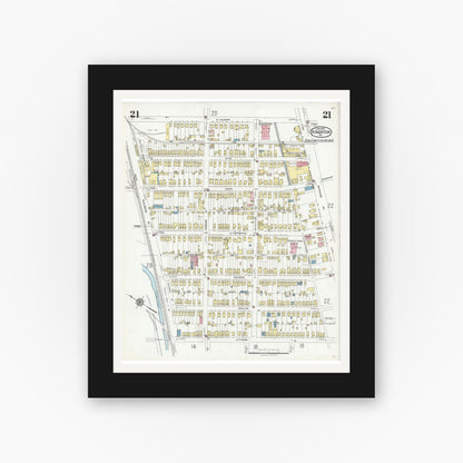 Old map wall art mockup — black gallery frame with white mat — Sanborn Fire Insurance Map from Kingston, Luzerne County, Pennsylvania (1925), Sheet #0021