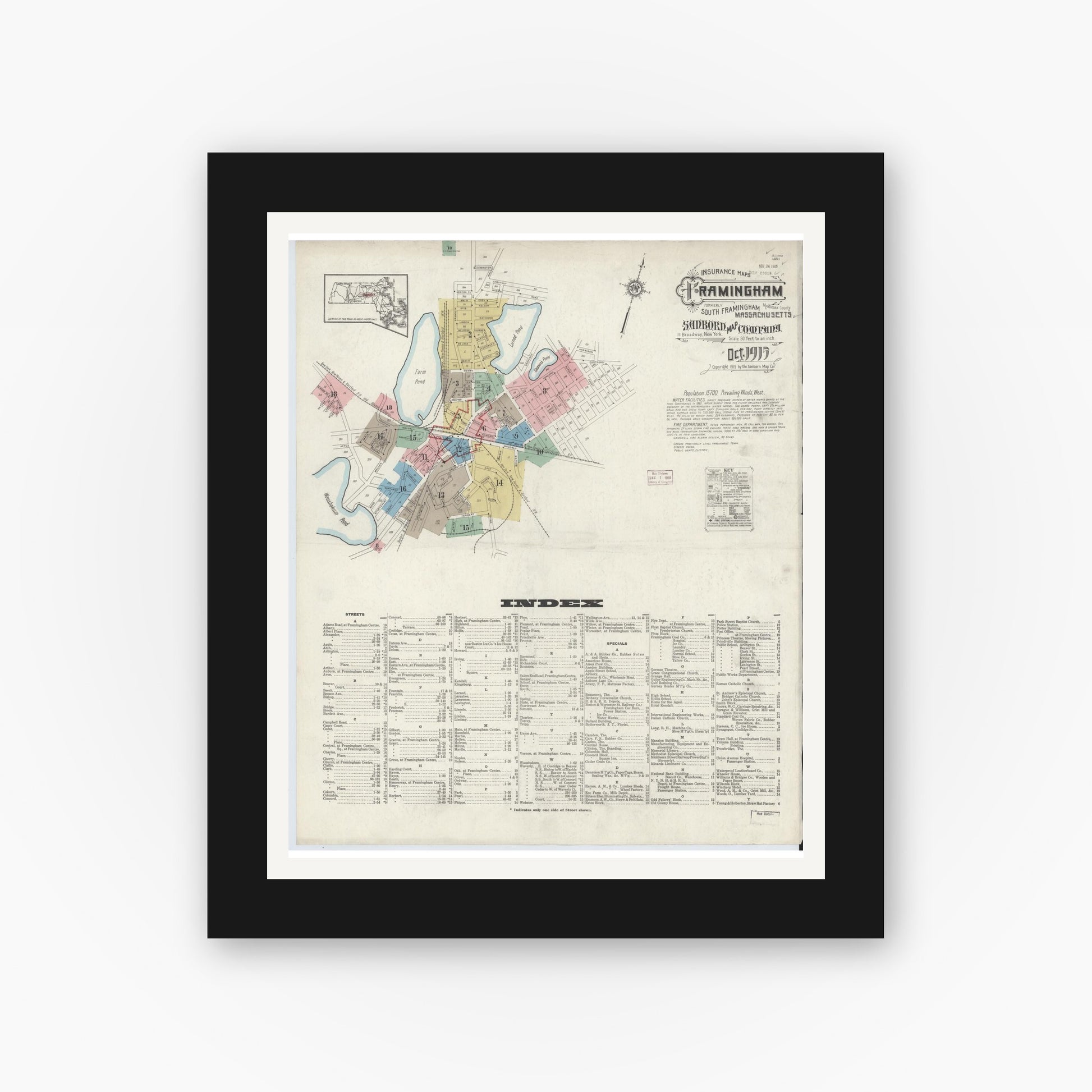 Old map wall art mockup — black gallery frame with white mat — Sanborn Fire Insurance Map from Framingham, Middlesex County, Massachusetts (1915), Sheet #0001