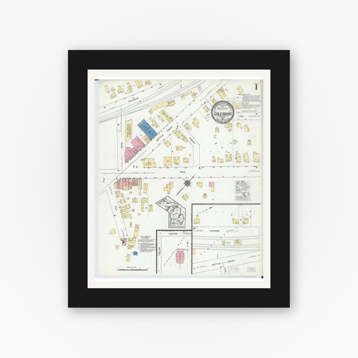 Old map wall art mockup — black gallery frame with white mat — Sanborn Fire Insurance Map from Galesburg, Kalamazoo County, Michigan (1921), Sheet #0001