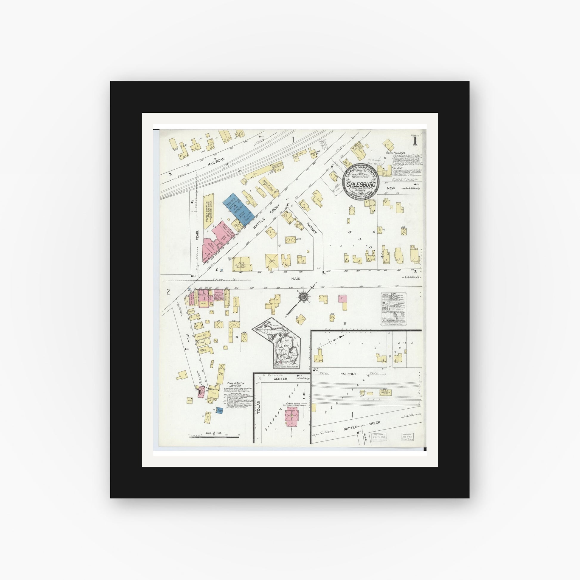 Old map wall art mockup — black gallery frame with white mat — Sanborn Fire Insurance Map from Galesburg, Kalamazoo County, Michigan (1921), Sheet #0001