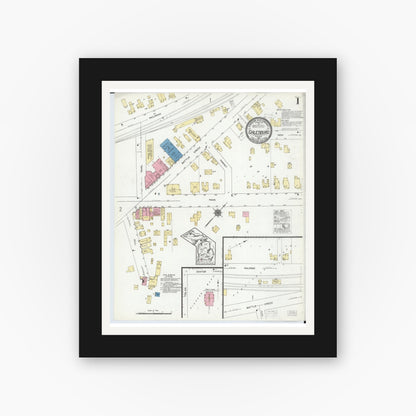 Old map wall art mockup — black gallery frame with white mat — Sanborn Fire Insurance Map from Galesburg, Kalamazoo County, Michigan (1921), Sheet #0001