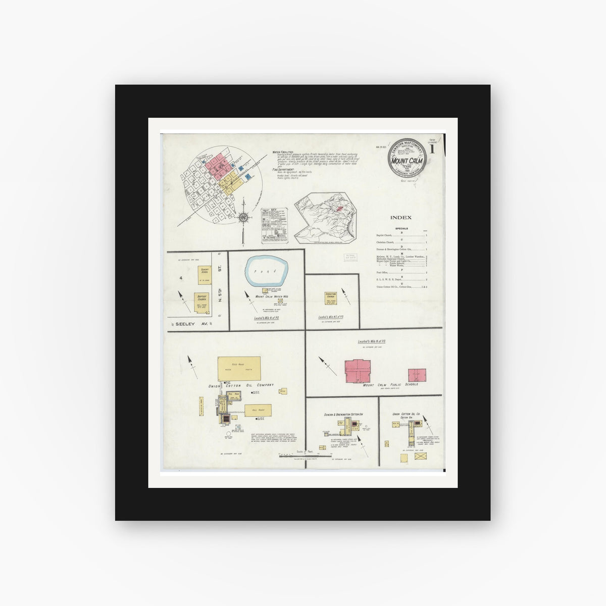Old map wall art mockup — black gallery frame with white mat — Sanborn Fire Insurance Map from Mount Calm, Hill County, Texas (1921), Sheet #0001