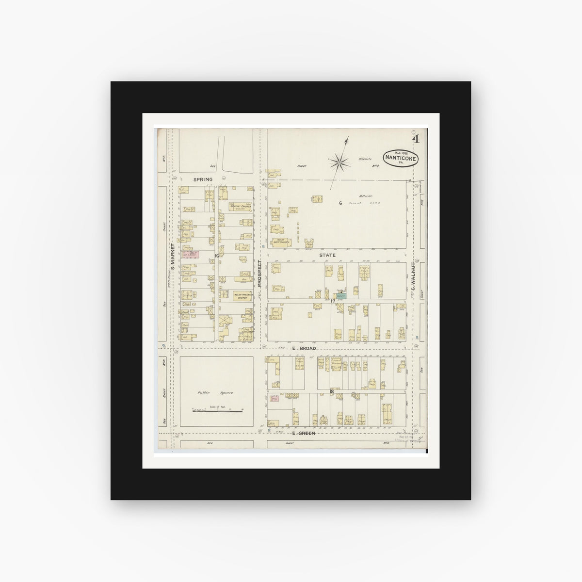 Old map wall art mockup — black gallery frame with white mat — Sanborn Fire Insurance Map from Nanticoke, Luzerne County, Pennsylvania (1888), Sheet #0004