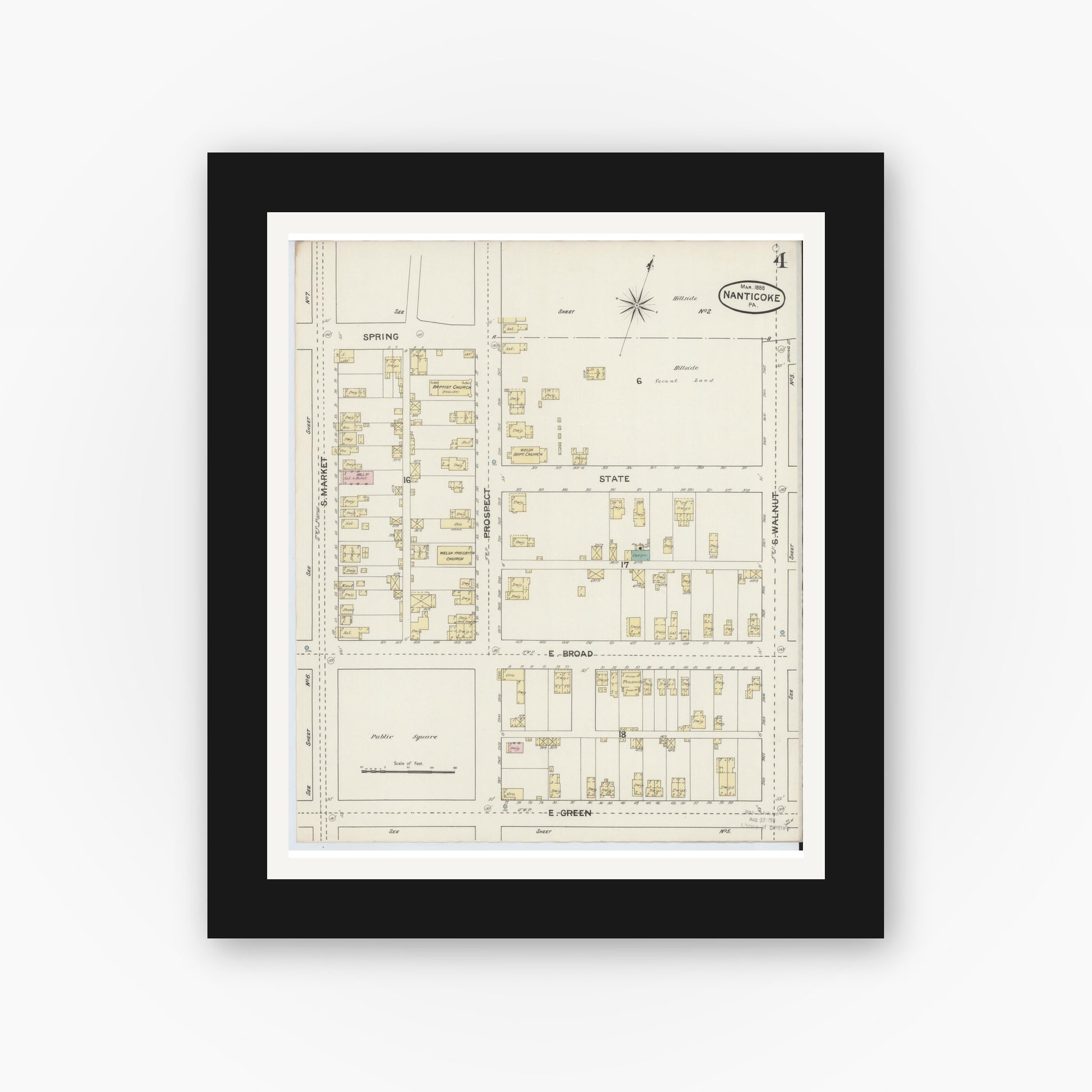Old map wall art mockup — black gallery frame with white mat — Sanborn Fire Insurance Map from Nanticoke, Luzerne County, Pennsylvania (1888), Sheet #0004