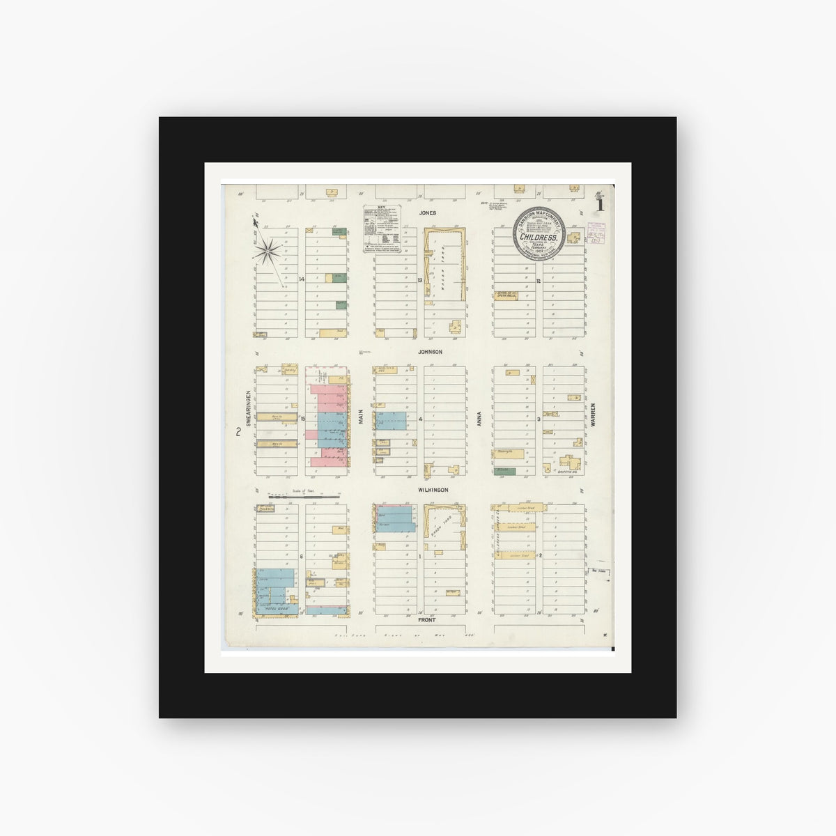 Old map wall art mockup — black gallery frame with white mat — Sanborn Fire Insurance Map from Childress, Childress County, Texas (1902), Sheet #0001