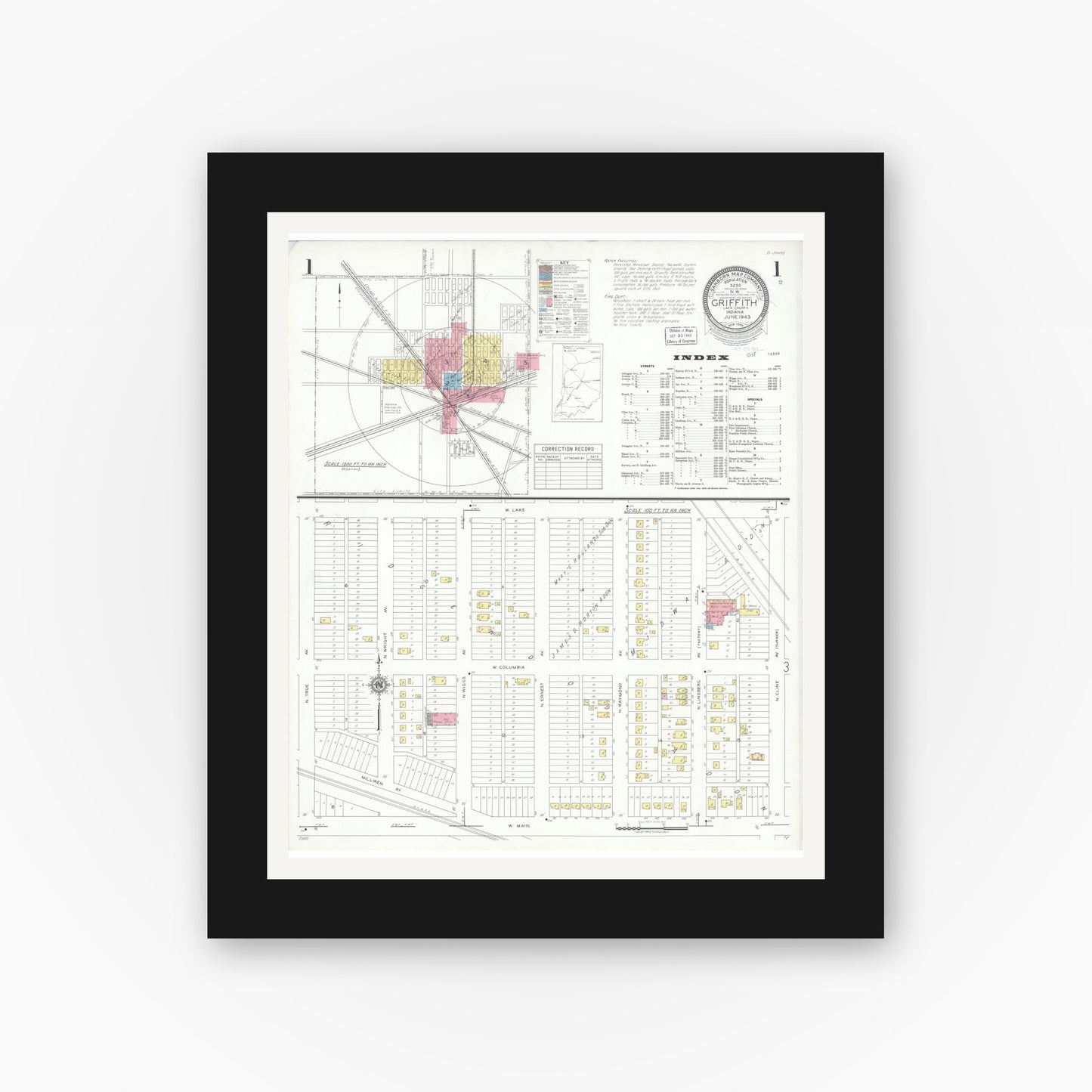 Old map wall art mockup — black gallery frame with white mat — Sanborn Fire Insurance Map from Griffith, Lake County, Indiana (1943), Sheet #0001
