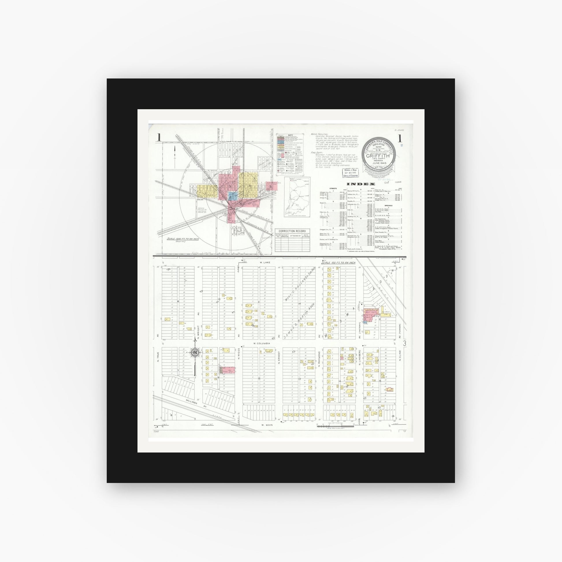 Old map wall art mockup — black gallery frame with white mat — Sanborn Fire Insurance Map from Griffith, Lake County, Indiana (1943), Sheet #0001